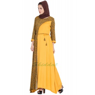 Printed long Dress in dual color- Green-Mustard